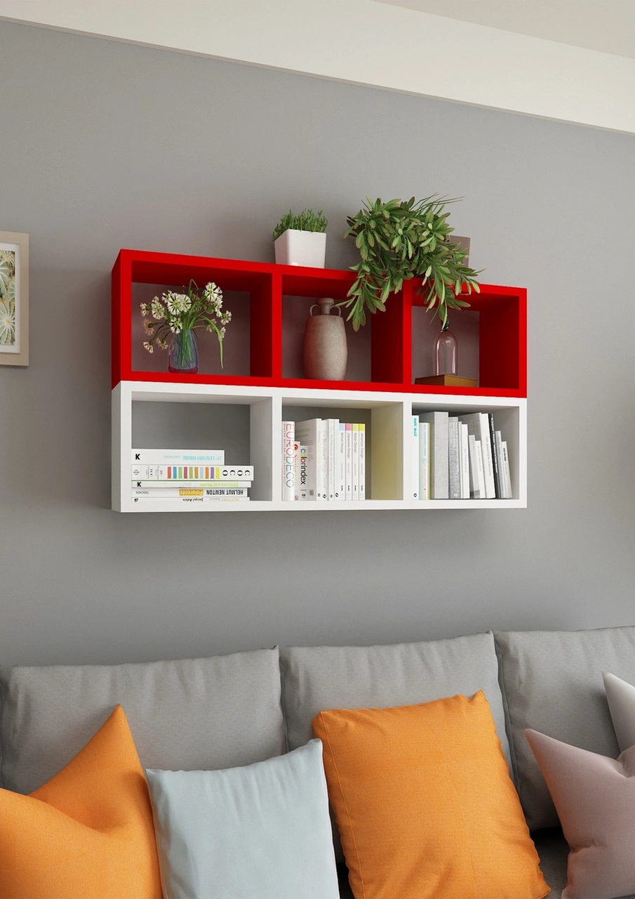 Kitaplık Duvar Rafı Mobilya Ikili Renkli Takım Kırmızı Beyaz Kırmızı-beyaz