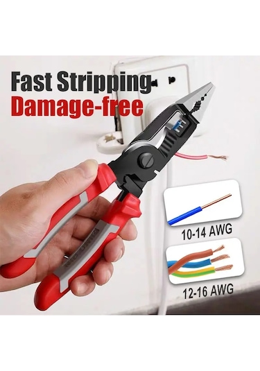 Ximistore9 Elektrikçi Çok İşlevli Pense: Telli Kablo Kesici, Telli Soyucu, Terminal Presleyici - El Aleti Kırmızı