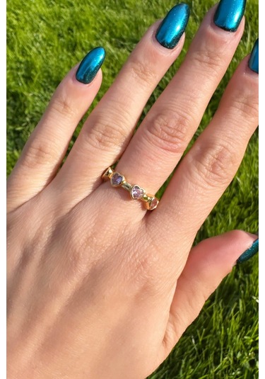 Gold Zirkon Pembe Taşlı Kalp Yüzük Pembe