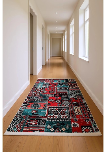 Blghome Renkli Patchwork Desen Modern Halı Dekoratif Kilim Kırmızı - Mavi