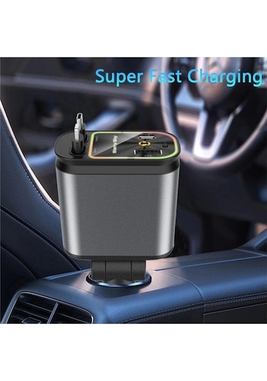 Vtn-01 4'ü 1 Arada Type-c Pd Hızlı Şarjlı 66w ,geri Çekilebilir Araç Telefonu Şarj Cihazı Siyah