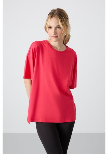 Tommy Life Rose Penye Modal Yumuşak Tuşeli Oversize Fit Basic Kadın T-shirt- 97285 Rose