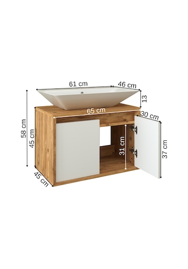 Banos Roomart Ayaksız 2 Kapaklı Lavabolu Ahşap-Mat Beyaz Mdf 65 . Beyaz