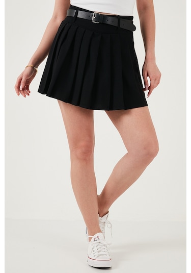Lela Kemerli Pileli Regular Fit Yüksek Bel Bayan Şort Etek 5866292 Siyah