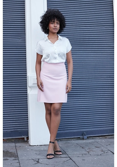 Yüksek Bel Hafif Likralı Kumaş Diz Boy Çan Etek-pembe Pembe