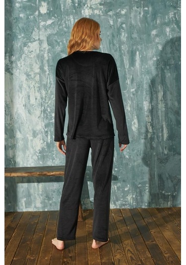 Kadın 13111-5 Önü Yazılı Kadife Pijama Takımı Siyah-siyah 36911 - 1 Siyah