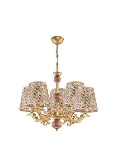 Beş Kollu Ahşaplı Eskitme Zamak Metal Döküm Avize Kahverengi Rattan Hasır Şapkalı Kahverengi