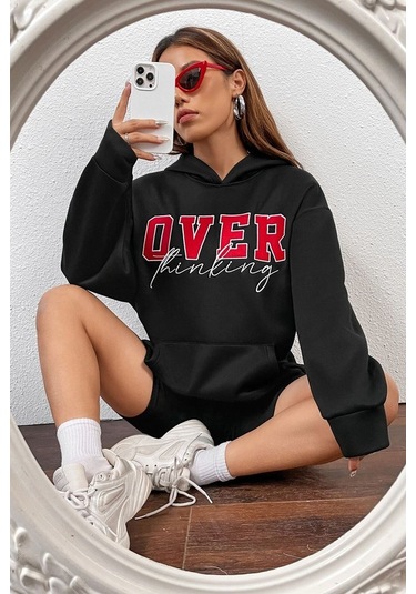 Over Thinking Baskılı Sweatshirt Siyah