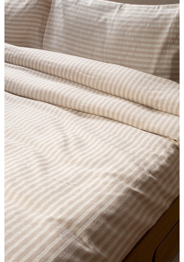 Vivamaison Çizgili Keten Tek Kişilik Nevresim + Yastık Sütlü Kahverengi