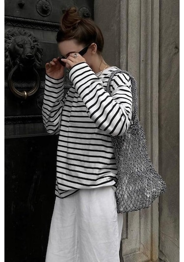 Beyaz Çizgili Sweatshirt Mg2572 Beyaz