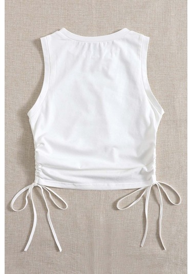 Merry See Yanları Büzgülü Kolsuz Bluz Crop Top Atlet Beyaz