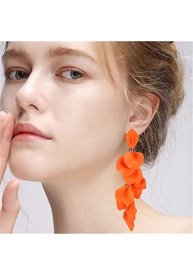 Uzun Akrilik Gül Yaprağı Küpeler - Sarkan Abartılı Çiçek Küpe Turuncu