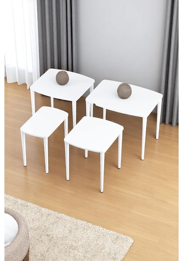 Terra Beyaz 1. Sınıf Yüksek Kaliteli 4 Lü Zigon Sehpa Takımı Beyaz Tabla Beyaz Ayak