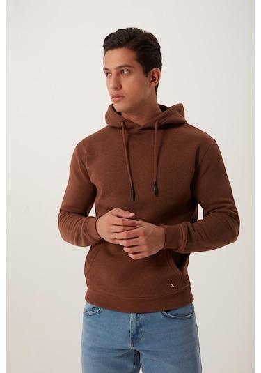 Erkek Kapüşonlu Kanguru Cep 3 İplik Sweatshirt Kahverengi