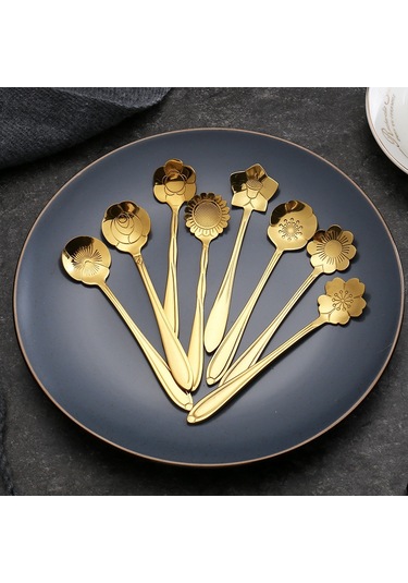 Kosona Altın Renkli Çelik Çiçek Desenli Kahve Kaşığı - Ev Kullanıma Uygun, Dayanıklı Ve Şık Hediyelik Spoon Diğer