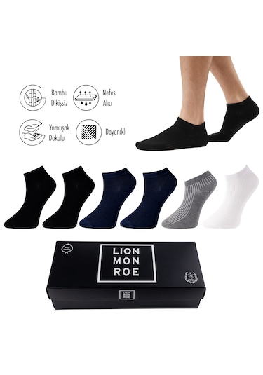 Lion Monroe Saf Bambu Erkek Patik Düz Kısa Siyah - Lacivert - Gri - Beyaz Çorap Dikişsiz Premium Kutulu 6'lı L5952aznp Softaura