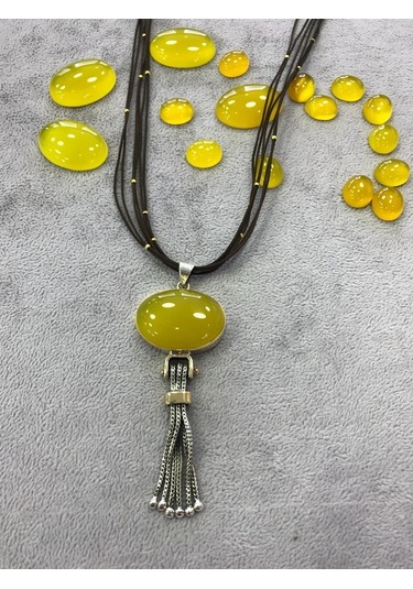 Sarı Akik Taşlı Gümüş Kolye 925 Ayar 512654203