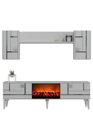 Maddera Şömineli Tv Ünitesi Takımı Beyaz-gümüş