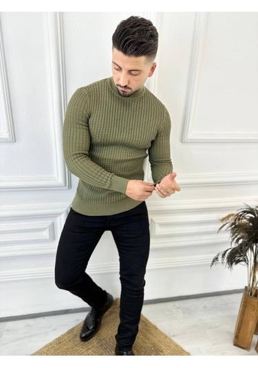 Kazak Slim Fit Tüylenmez Naturel Pamuk Triko Boğazlı Balıkçı Yaka Kazak Haki - Yeşil