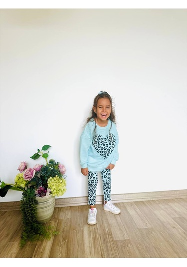 Kız Çocuk Çiçek - Leopar Detaylı 3 İplik Alt Üst Takım Sweatshirt + Tayt Mint