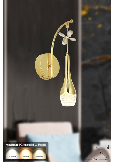 Lale Power Ledli Modern Lüks Duvar Aplik 3 Renk Sarı-beyaz-gün İşığı - Gold Gold