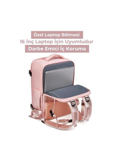 Su Geçirmez 16" İnç 30l Ayakkabı Bölmeli Seyahat Sırt Çantası - Laptop Bölmeli, Usb Şarj Girişli Pembe
