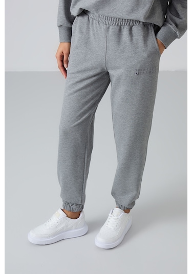 Tommy Life Gri Melanj Basic Pamuklu O Yaka Oversize Lastik Paça Kadın Eşofman Takım - 95287 GRİ MELANJ