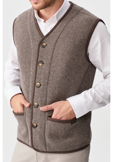 Erkek V Yaka Keçe Aksesuarlı Pike Dokuma Yün Yelek Vizon Vizon