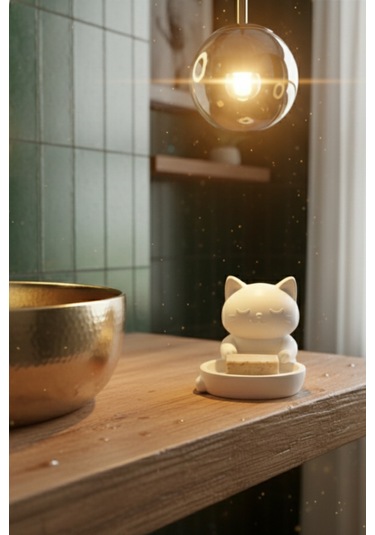 Oxyteez Kedi Figürlü Sabunluk Beyaz Renk Reçine Tasarım Ev Ve Ofis Dekorasyonu