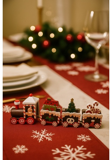 4 Parça Yılbaşı Treni Seti 21 Cm - Ahşap Dekoratif Mini Tren Figürü Masa Üstü Ve Ev Dekorasyonu Diğer