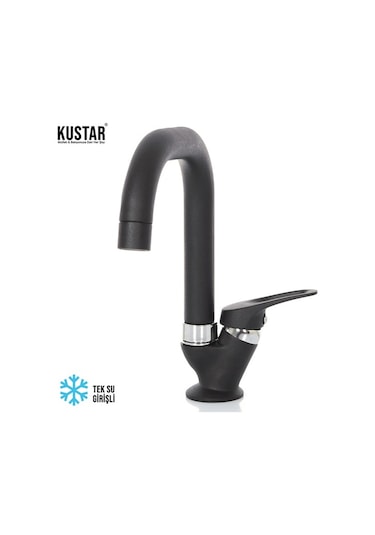 Kustar Siyah Mermerden Tek Su Girişli Kare Baston Lavabo Musluğu Siyah