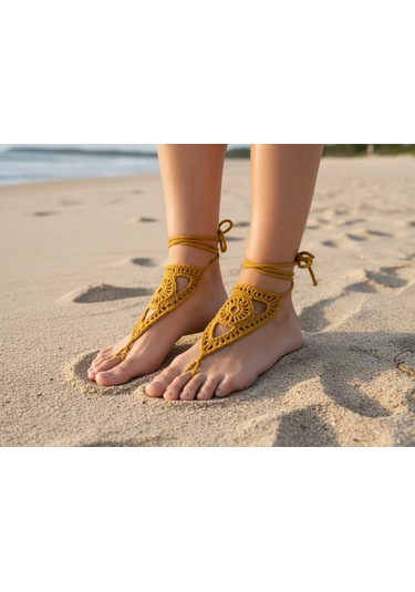Boho Stil Barefoot Sandal El Yapımı Hardal Ayak Aksesuarı Çift