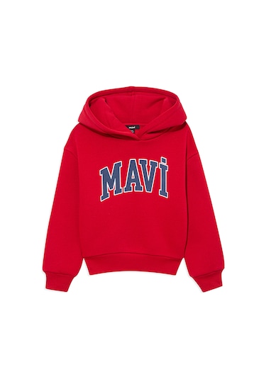 Mavi - Mavi Logo Baskılı Kırmızı Kapüşonlu Sweatshirt 6610110-704 Kırmızı
