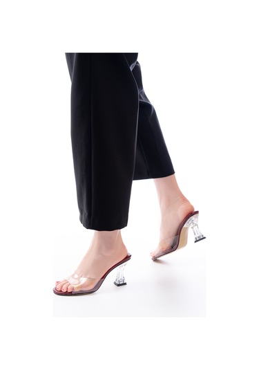 S-619 Bordo Rugan Şeffaf Bantlı Şeffaf Topuklu Yuvarlak Burunlu Kadın Terlik Renksiz