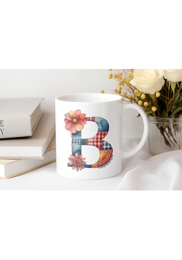 B Harfli Retro Çiçekli Kupa Bardak - Patchwork Tarz Yamalı Desenli İsme Özel Kupa - Hediye Beyaz