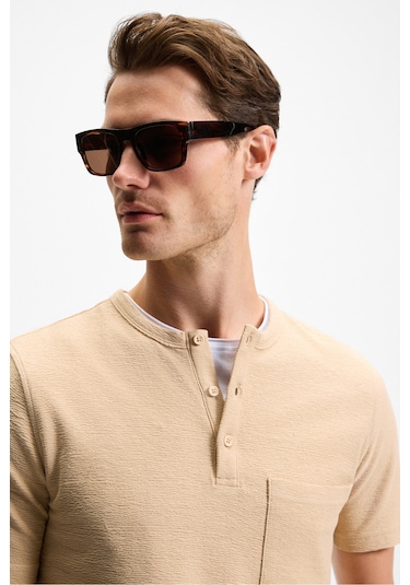 ERMAC Erkek Hakim Yaka Düğmeli Kısa Kol Bej T-Shirt