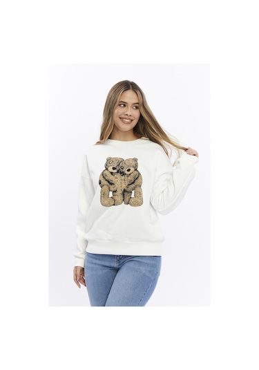 Kadife Ayıcıklar Desenli Şardonlu İçi Polarlı Ekru Regular Fit Bisiklet Yaka Kadın Sweatshirt Ekru