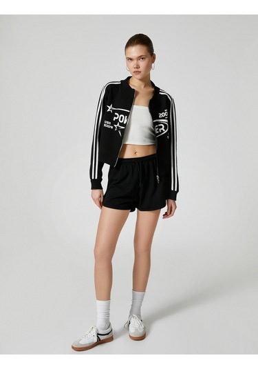 Koton Fermuarlı Sweatshirt Crop Dik Yaka Çizgili Baskılı Siyah 4sal10510ık Siyah