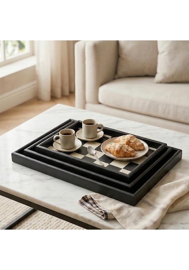 Porsima 1301050047 Ahşap Tepsi 3lü Set Çay Kahve Bambu Sunumu Dama Desenli Tepsi Seti Siyah- Beyaz