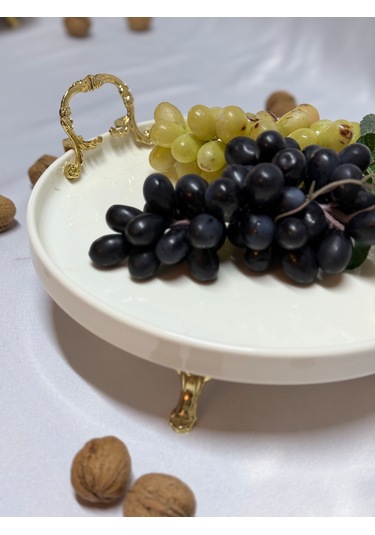 Aless Altın Ayaklı Kulplu Seramik Sunumluk Çerezlik Meyvelik