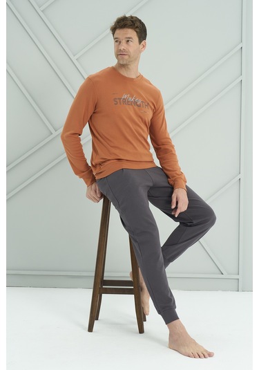 Erkek Interlok Penye Uzun Kol Pijama Takımı 2220 Kiremit Kiremit
