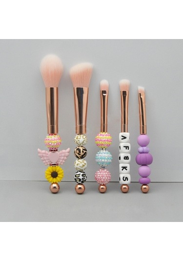 Sones 5'i 1 Arada Metal Saplı Dıy Boncuklu Makyaj Fırçası Seti Allık Gevşek Pudra Eğimli Göz Farı Fırçası, Renk: Gül Altını