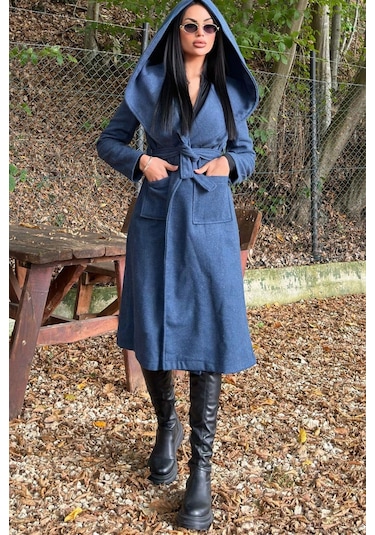İndigo Kruvaze Yaka, Kapüşonlu, Çift Cepli, Beli Kemerli, Uzun Kaşe Kaban Astarsız İndigo