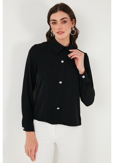 Lela Taşlı Regular Fit Gömlek Yaka Fermuarlı Bayan Bluz 611Bz0493 Siyah
