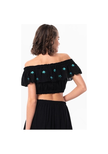 Lavinya Vual Lastik Detaylı Nakışlı Yazlık Crop Bluz Siyah Syh-siyah Siyah
