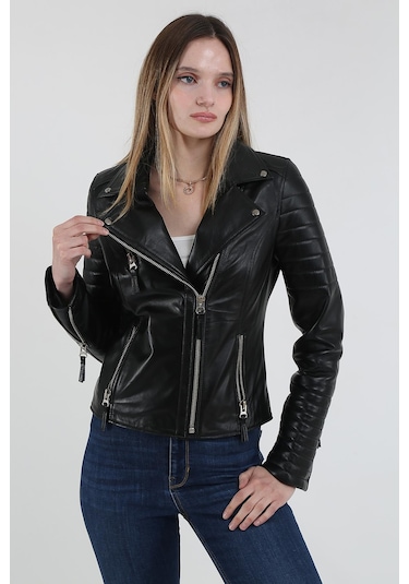 Derinss 1515 Hakiki Deri Kadın Siyah Mont