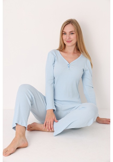 Nbb Kadın Mavi Patlı V Yaka Pijama Takım Mavi