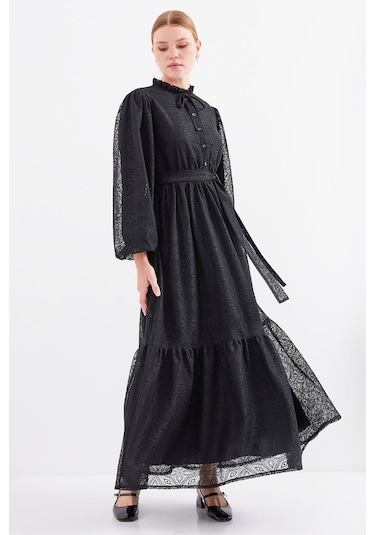 Bigdart 2509 Uzun Dantelli Tesettür Elbise - Siyah 001