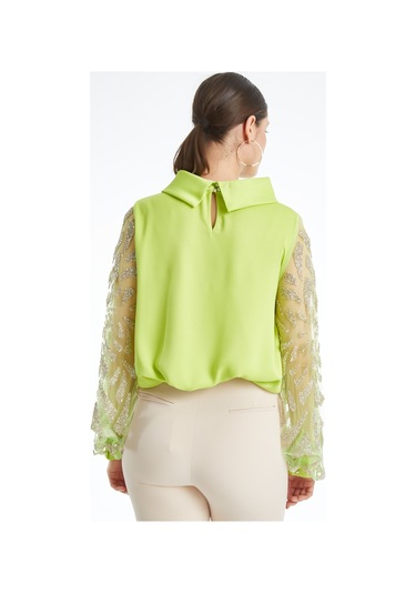 Modern Ve Şık Kadın Bluz - Transparan Taş İşlemeli Uzun Kol - Özel Gün Ve Davetler İçin Bluz Sari