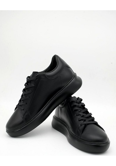 Mela Erkek Hakiki Deri 7 Cm Boy Uzatan Siyah Spor Ayakkabı Siyah